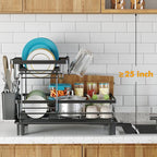 Dish Drying Rack, 2 Tier Dish Racks for Kitchen Counter, Compact Drying Rack Kitchen, Rust-Resistant Dish Drainer, Detachable Space-Saving Dish Rack with Drainboard, Utensil Holder, Black