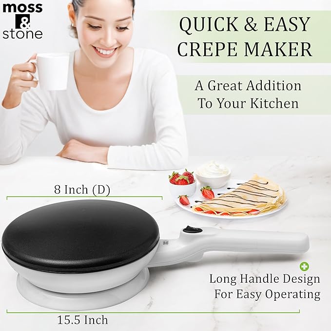 Moss & Stone Cordless Electric Crepe Maker With Auto Power Off, On/Off Switch & Dual Temperature Setting, 8 Inch Portable Crepe Maker & Non-Stick Dipping Plate, Nonstick Ceramic Coating Pan