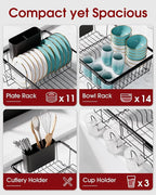 Sakugi Dish Drying Rack in Sink - Expandable Stainless Steel Dish Rack Over The Sink, Kitchen Sink Drain Strainer with Cutlery Holder & Cup Holders, 15.4 x 11.3 x 6.6 Inch, Black