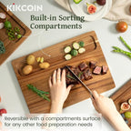 Kikcoin Wood Cutting Boards for Kitchen, 3 PCS Wooden Cutting Board Set with Holder, Chopping Board with Built-In Compartments and Juice Groove, Solid Charcuterie Board Serving Tray Wood Butcher Block