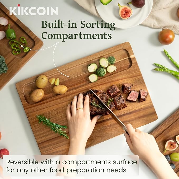 Kikcoin Wood Cutting Boards for Kitchen, 3 PCS Wooden Cutting Board Set with Holder, Chopping Board with Built-In Compartments and Juice Groove, Solid Charcuterie Board Serving Tray Wood Butcher Block