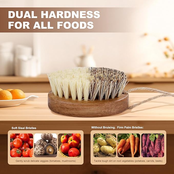 2 Pack Wooden Vegetable Brush for Food - Dual Bristle Potato Brush Scrubber with Hanging Rope | Natural Compostable Kitchen Vegetable Scrubber for Potatoes, Carrots, Fruits