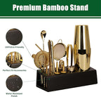 Cocktail Shaker Set Bartender Kit with Bamboo Stand, 15-Piece Stainless Steel Bar Set Accessories, Professional Bartending Kit Home Bar Tools Set with Recipes (Gold, Black Stand)