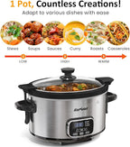Sunvivi 4QT Programmable Slow Cooker with Locking Lid, Removable Ceramic Pot, 3 Heating Settings & Timer, Dishwasher-Safe, Stainless Steel