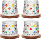 Rotatable Old Fashioned Glass, 275ml/10oz Crystal Whiskey Glass Set of 4, Wood Coaster, Thickening, Used as Rum Glass, Cocktail Cup, Coffee Cup, Milk Cup to Relax and Reduce Stress, Christmas gifts