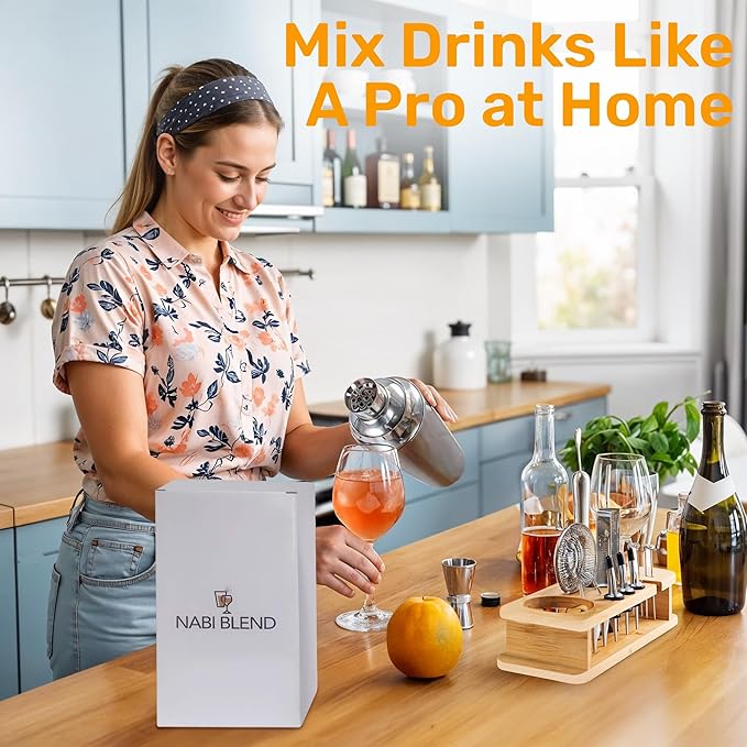 16 Piece Bartender Kit with Bamboo Stand | Cocktail Shaker Set Essential Bar Tools Wine Shaker Ice Filter Mixing Spoon Jigger Wine Dispenser