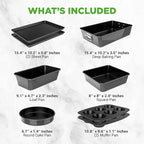 NutriChef 8-Piece Stackable Nonstick Bakeware Set - Premium Steel Baking Pans Set - Includes Round Cake Pan, 6-Cup Muffin Pans, Wide/Square Brownie & Loaf Pans, Cookie Sheet, & Roaster Pan (Black)
