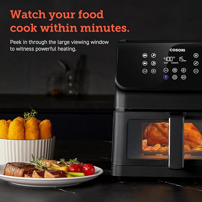 Cosori Clear Window Air Fryer, 6.5 Quart Large Compact Airfryer, 12 One-Touch Savable Custom Functions, Cookbooks and Online Recipes, Nonstick and Dishwasher-Safe