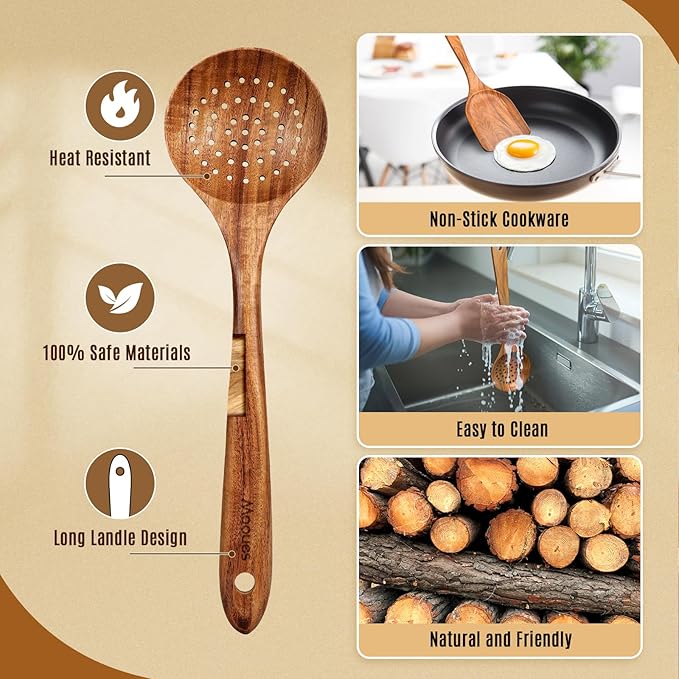 Mooues Wooden Spoons for Cooking, Wooden Utensils for Cooking Natural Teak Wooden Kitchen Utensils Set Comfort Grip (10 PCS SET)