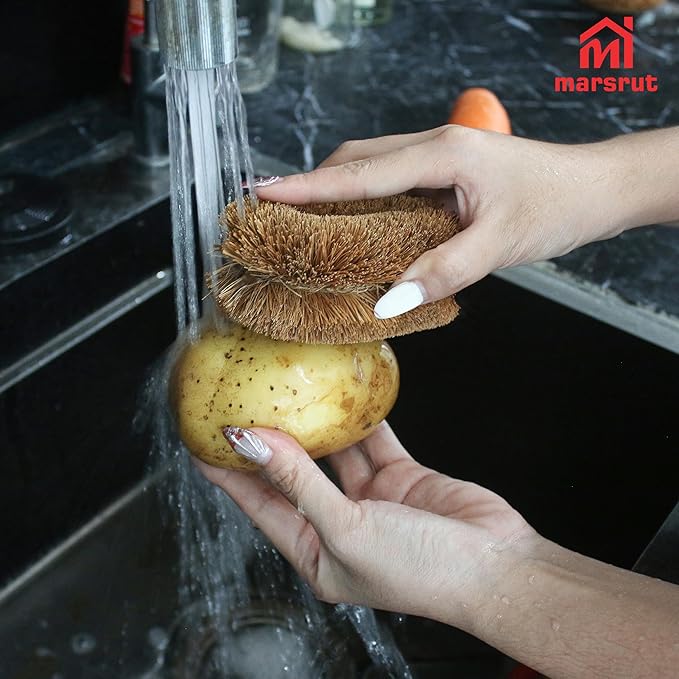 3pcs Tawashi Vegetable Scrub Brush, Coir Vegetable Brush, 100% Natural Coconut Scrubber, Japanese Fiber Clean Brush for Kitchen Cleaning Fruit Vegetable Needs, Dark Brown