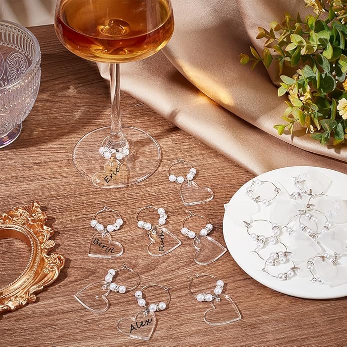 BENECREAT 20pcs Acrylic Blank Wine Glass Charms, Heart/Flat Round Charms for Birthday Holiday Wedding Party