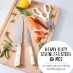 Martha Stewart Knife Block Set 16-Piece - Lockton High Carbon Stainless Steel Forged Full Tang Chef Knives, Acacia Wood Block, Triple Riveted Handles, Linen White & Gold