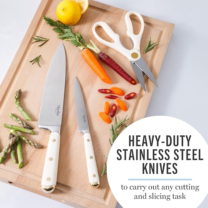 Martha Stewart Knife Block Set 16-Piece - Lockton High Carbon Stainless Steel Forged Full Tang Chef Knives, Acacia Wood Block, Triple Riveted Handles, Linen White & Gold