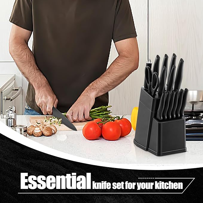 HaWare Knife Set, 21 Pieces Stainless Steel Kitchen Knife Block Set, Black Chef Knife Sets with 6 Steak Kinves, Measuring Spoon & Slicer for Home, Sharp Blade & Light Weight Cutlery, Ergonomic Handle