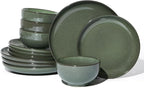 Pokini Stoneware Dinnerware Sets, Ceramic Plates and Bowls Set, Microwave & Dishwasher Safe Kitchen Dishes, Modern Dinner Salad Plates | Cereal Bowls, Dishware Sets Service for 4 Forest Green