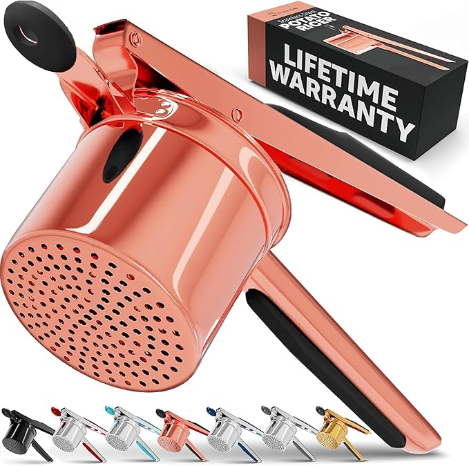 PriorityChef Large 15oz Potato Ricer, Heavy Duty Stainless Steel Potato Masher and Ricer Kitchen Tool, Press and Mash Kitchen Gadget For Perfect Mashed Potatoes - Everytime, Rose Gold and Black