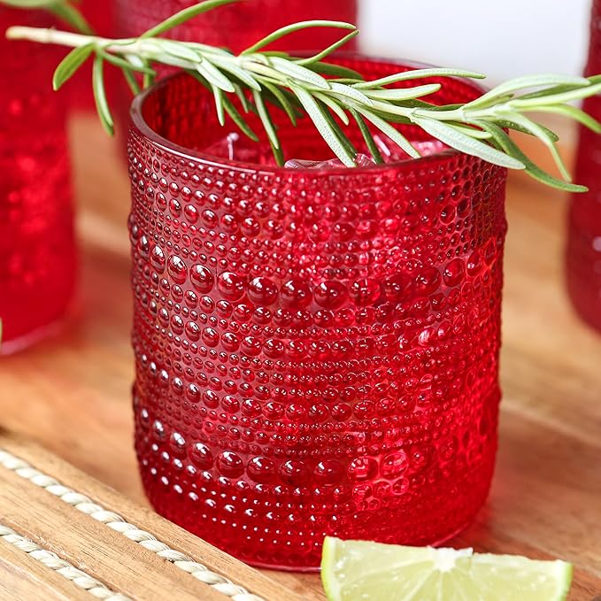 Kate Aspen Retro Arch Floral Red Drinking Glasses Set of 6, 10 oz Vintage Ribbed Glass Cups, Christmas Glassware & Holiday Drinkware, Valentine’s Day & Holiday Hostess Gift