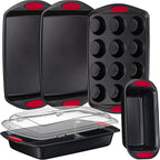 NutriChef 6-Piece Baking Pan Set - Carbon Steel Stackable Bakeware with Red Silicone Handles & Nonstick Coating, Includes Cookie Sheets, Roaster Pan with Lid, Loaf Pan, and 12 Cup Muffin Pan (Black)