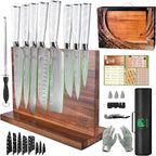 FULLHI 15pcs Japanese Knife Set with Magnetic Knife Block Holder, Stainless Steel Blades, White Resin Ergonomic Handles for Professional and Home Cooking