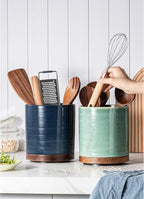 Utensil Holder, 360° Rotating Extra Large Ceramic Kitchen Utensil Holder for Countertop, 7.3“ Cooking Utensil Crocks for Kitchen Counter with Rotatable Wooden Base, Farmhouse Decor, Forest Green