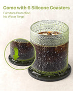 Hobnail Drinking Glasses Set of 12 Count, Vintage Glassware, Old Fashioned Glasses, 6 Highball Bubble Drinking Cups 14.5 oz, 6 Rocks Cups 10 oz with 6 Silicone Coasters, Green