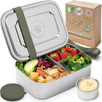 Everusely - Bento Box - Sage, 47oz / 1.4 L - Large Stainless Steel Lunch Box with Leakproof Condiment Container - 3 Compartment Snack Organizer for On the Go Meals - Freezer & Dishwasher Safe