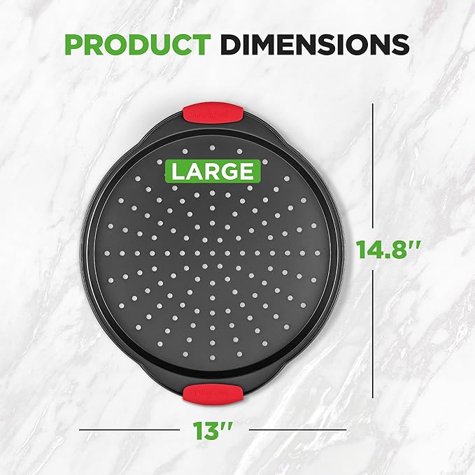 NutriChef 13-Inch Nonstick Pizza Tray - Round Carbon Steel Non-Stick Pizza Pan with Perforated Holes, Premium Bakeware Pizza Screen with Silicone Grip Handles, Dishwasher Safe - NCBPIZ1