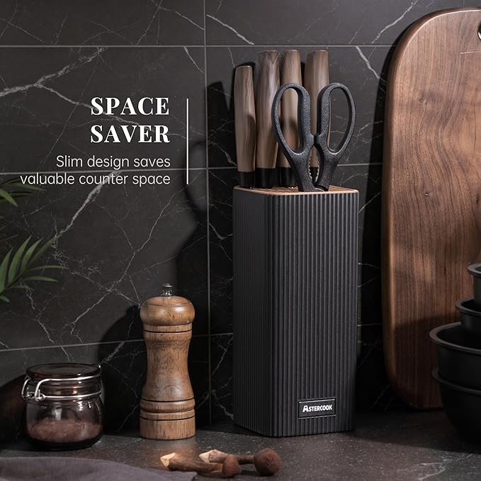 Astercook Knife Set, 6-Piece Kitchen Knife Set with Block, High Carbon Stainless Steel Ultra Sharp Kitchen Knives, Wood Grain Handle, Dishwasher Safe Knife Block Set, Black