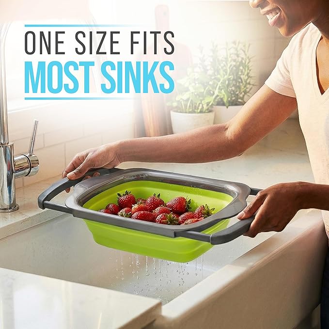 Comfify XL Large Kitchen Strainer - Collapsible Silicone Over-The-Sink Colander with Extendable Handles - Use with Pasta, Fruit, Berries & Veggie - 6 Quart - Green