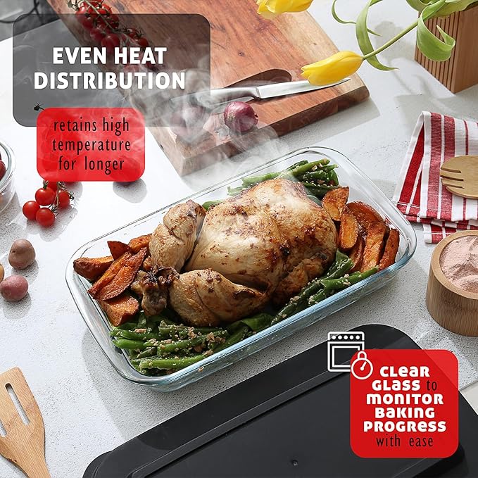 EATEX 8-Piece Deep Glass Casserole Dishes for Oven with Plastic Lids, Glass Baking Dishes for Oven, Rectangular Bakeware for Lasagna, Cooking, Leftovers, Kitchen, Freezer to Oven Dishwasher Safe