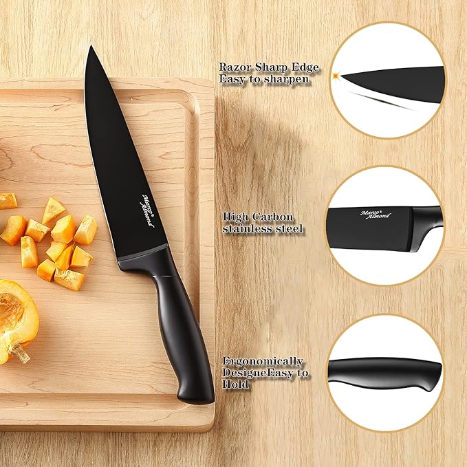 Marco Almond® Kitchen Knife Set with Block and Sharpener MA23, 17 Pieces Knife Block Set Stainless Steel Chef Black Knives Set for Kitchen