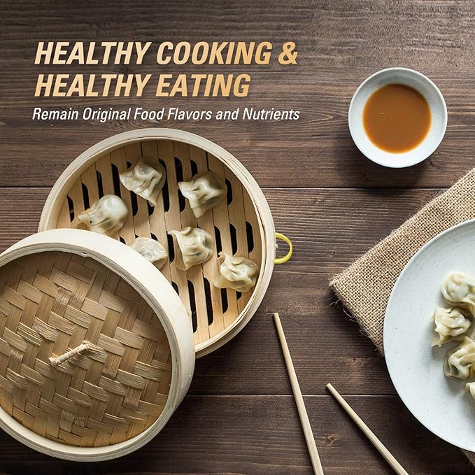 MacaRio Bamboo Steamer Basket Set 10 inch Steamer for Cooking, with Side Handles, Ring Adapter, Paper Liners, for Dim Sum Dumplings Buns Seafoods Vegetables Rice Asian Foods