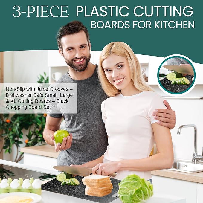 Cutting Board Set – 3-Piece Plastic Cutting Boards for Kitchen, Non-Slip with Juice Grooves – Dishwasher Safe Small, Large & XL Cutting Boards – Black Chopping Board Set