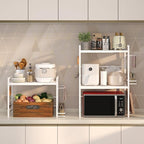 DOLALIKE Microwave Oven Rack, Expandable Microwave Stand Kitchen Countertop Organizer Utensils Storage, Carbon Steel Over Microwave Shelf with 3 Hooks (White, 3 Tier- With Storage)