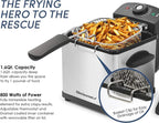 Elite Gourmet EDF1607# 800-Watt Mesh Basket 1.6 Quart / 6.5 Cup Oil Capacity, Electric Immersion Deep Fryer with Temperature Knob and Lid with View Window, stainless steel