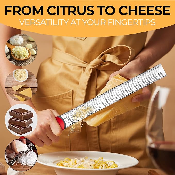 Orblue Lemon Zester & Cheese Grater - Premium Citrus Zester, Kitchen Grater for Parmesan, Chocolate, Fruits, Vegetables, Ginger, Garlic, Nutmeg - Stainless Steel Blades with Protective Cover, Red