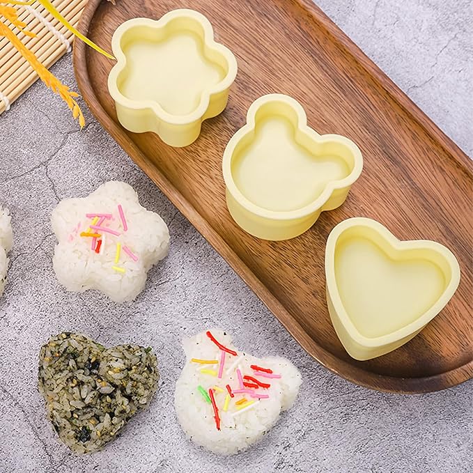 3 Pack Rice Ball Mold, Sushi Mold Diy Sushi Cooking Tools For Japanese Boxed Meal Children Bento,Kitchen Tools Sushi Plates Rice Ball Mold Non Stick Sushi Rice Making Kit (Yellow, Heart)