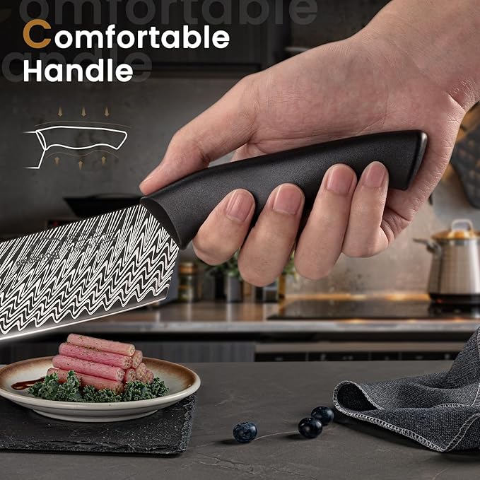 Knife Set, Amorston 15 Pieces Kitchen Knife Set with Built in Knife Sharpener, High Carbon German Stainless Steel Knife Block Set, Black Dishwasher Safe Knives Set, Valentine's Gift
