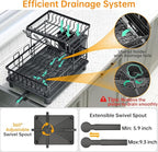 Dish Drying Rack, 2 Tier Dish Racks for Kitchen Counter, Compact Drying Rack Kitchen, Rust-Resistant Dish Drainer, Detachable Space-Saving Dish Rack with Drainboard, Utensil Holder, Black