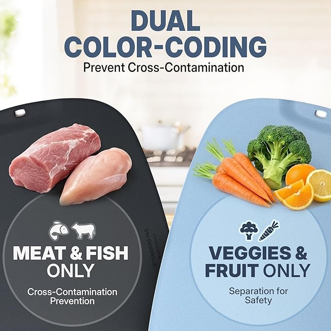 TPU Cutting Board Set of 2 11" x 16" with Handle Juice Groove - Flexible Cutting Mats for Kitchen, Knife Friendly Non-Slip Chopping Board, Scratch Resistant Blue Gray