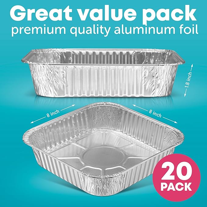 8x8 Disposable Aluminum Pans - 20 Pack Foil Pans For Cooking, Baking Cakes, Roasting & Homemade Breads - Disposable Food Containers
