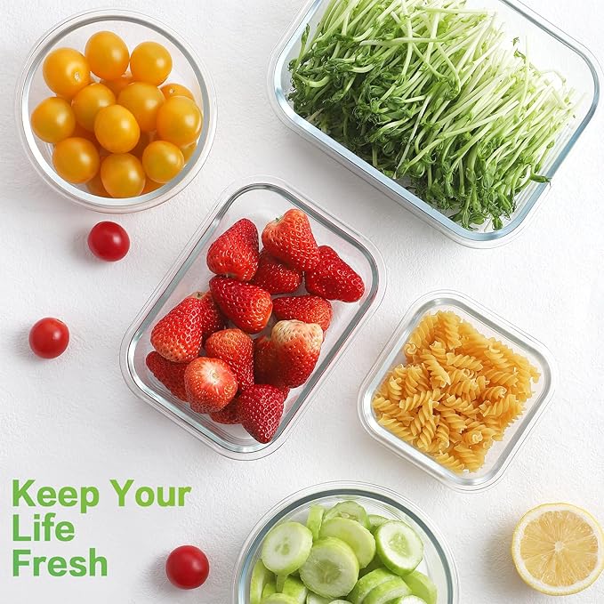 HOMBERKING Glass Food Storage Containers with Lids, [18 Piece] Glass Meal Prep Containers, Airtight Lunch Bento Boxes, BPA-Free & Leak Proof (9 lids & 9 Containers) - Pink