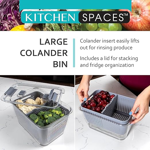 Kitchen Spaces Colander Stackable Food Storage Bin, Large, Gray, 11"L x 7"W x 9"H