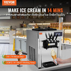 VEVOR Commercial Ice Cream Machine, 18-28 L/H Yield, 1850W 3-Flavor Countertop Soft Serve Ice Cream Maker, 2 x 5.5L Stainless Steel Cylinder, LED Panel Auto Clean Pre-cooling, for Restaurant Bars