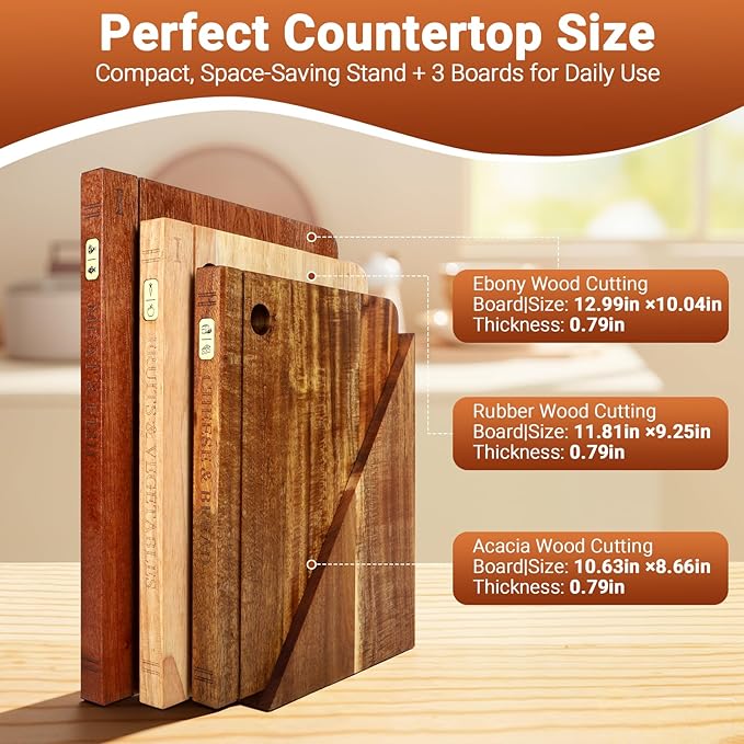 Book Cutting Board Set with Separated Stand, 3 Piece [Acacia/Ebony/Rubber] Wood Cutting Boards That Look Like Books for Kitchen Decor, Reversible Thick Chopping Board with Brass Food Labels