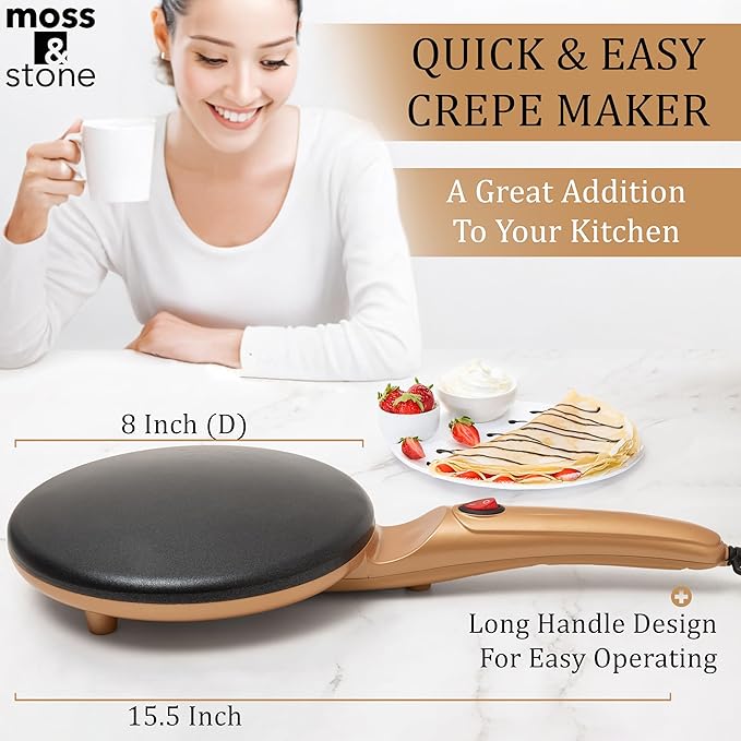 Moss & Stone Gold Electric Crepe Maker 8 Inch, Portable Crepe Maker & Hot Plate Cooktop On/Off Switch, Nonstick Coating, Automatic Temperature Control, Easy To Use For Pancakes, Blintz