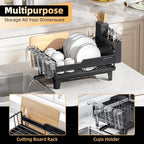 Urackify Dish Drying Rack for Kitchen Counter, Countertop Dish Rack with Drainboard, Multifunctional Dish Drainer with Cups Holder & Cutting Board, Home Plate Storage Rack with Cutlery Holder, Black