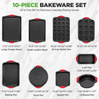 NutriChef 10‑Piece Non‑Stick Bakeware Set – Premium Carbon Steel Baking Pans Set with Silicone Handles – Oven & Dishwasher Safe – Complete Baking Sheet Set for Cookies, Muffins, Loaf, Pizza