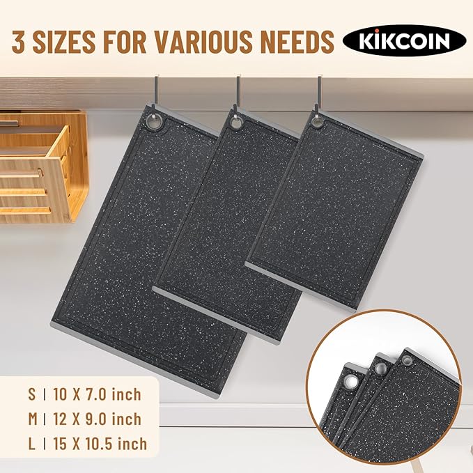 Kikcoin Plastic Cutting Boards for Kitchen, 3-Piece Large Cutting Board Set Dishwasher Safe Chopping Boards with Non-slip Feet and Juice Grooves, Light Gray