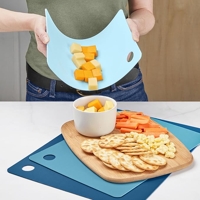 Tovolo Flexible Cutting Board Set of 3 Small Medium Large Nylon Chopping Mats for Meal Prep Cut Slice Dicing Fruits Veggies & Meat, Easy Clean Dishwasher Safe Kitchen Cutting Mats, Assorted Blues